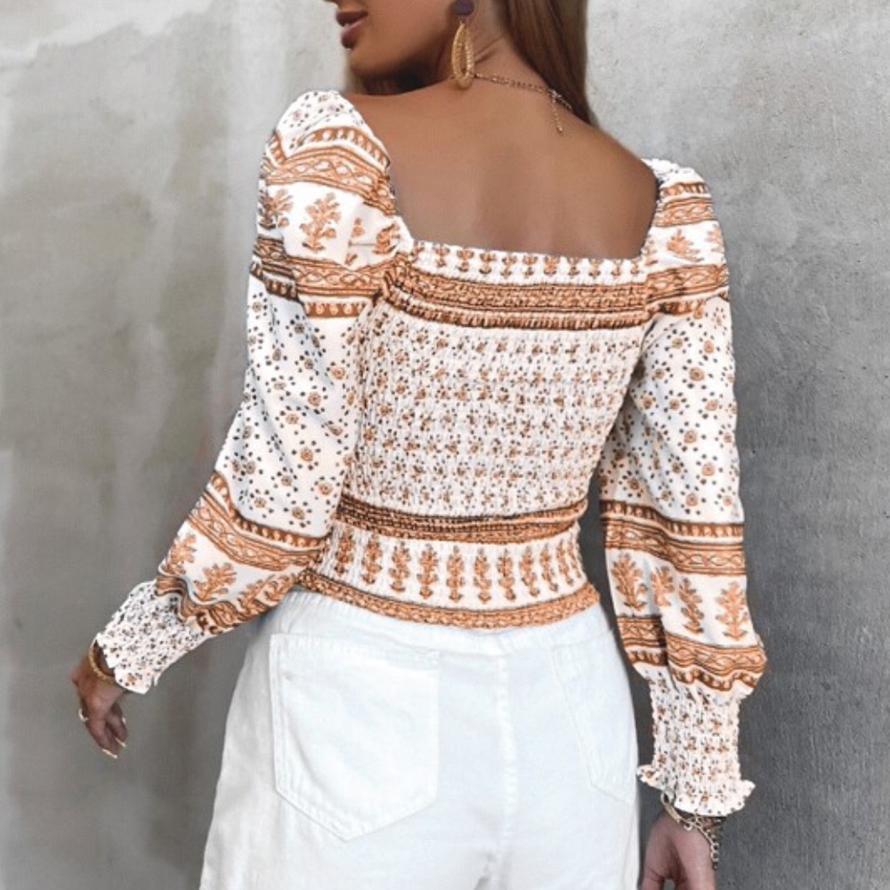 Boho Khaki Floral Puff Long Sleeve Crop Top - Picture 8 of 10